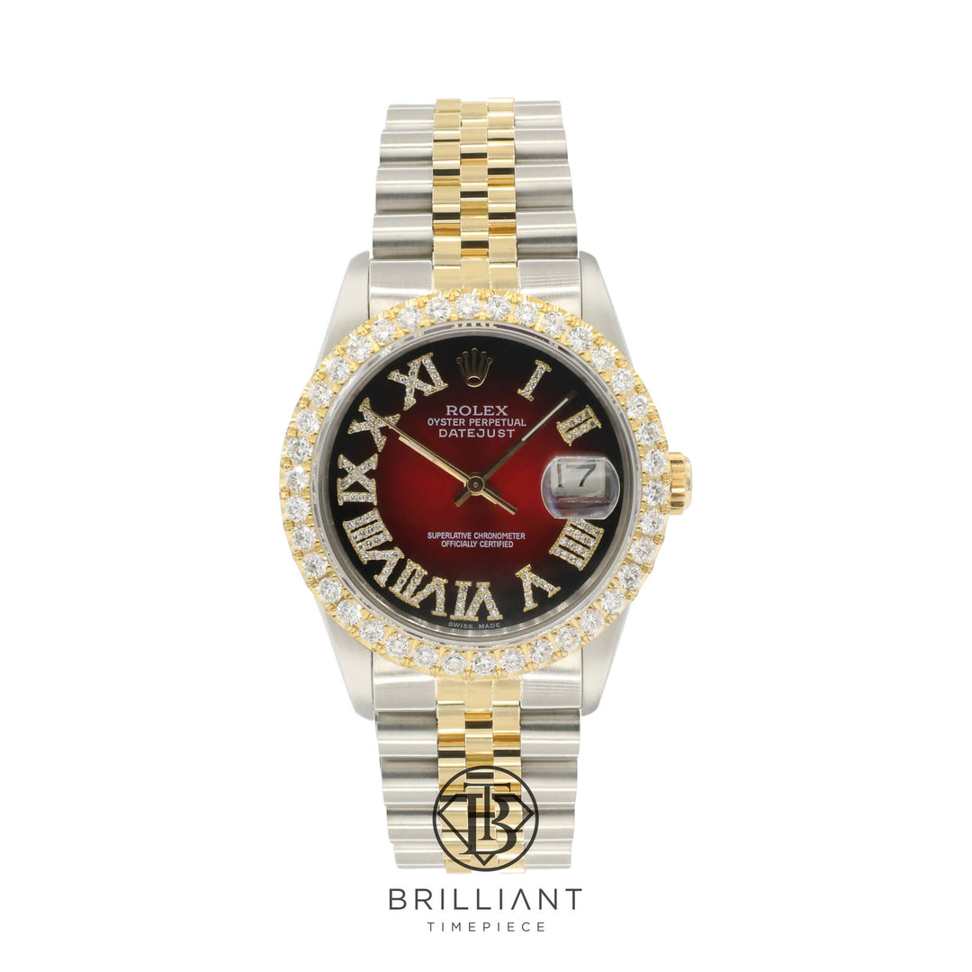 Rolex Datejust 36mm Two Tone Gold/Steel Red Black Diamond Dial 3.25ct