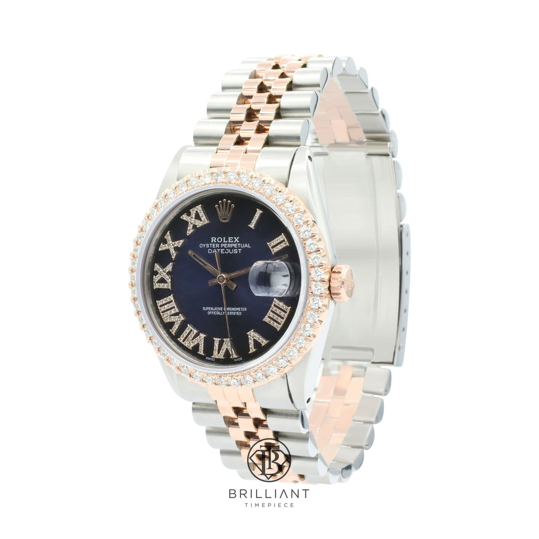 Rolex Datejust 36mm Two Tone Rose Gold/Steel Black Blue Diamond Dial 3.25ct