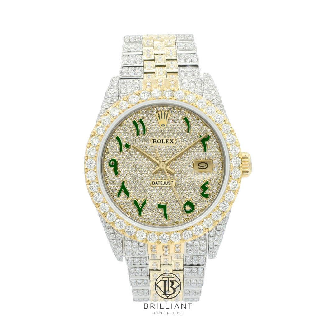 Rolex Datejust 36mm Two Tone Gold/Steel Green Diamond Pave Arabic Dial 15.00ct