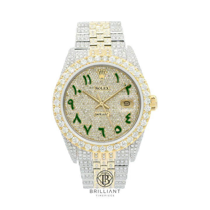 Rolex Datejust 36mm Two Tone Gold/Steel Green Diamond Pave Arabic Dial 15.00ct