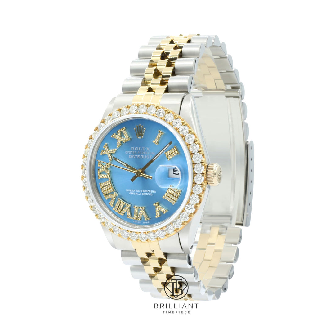 Rolex Datejust 36mm Two Tone Gold/Steel Light Blue Diamond Dial 3.25ct