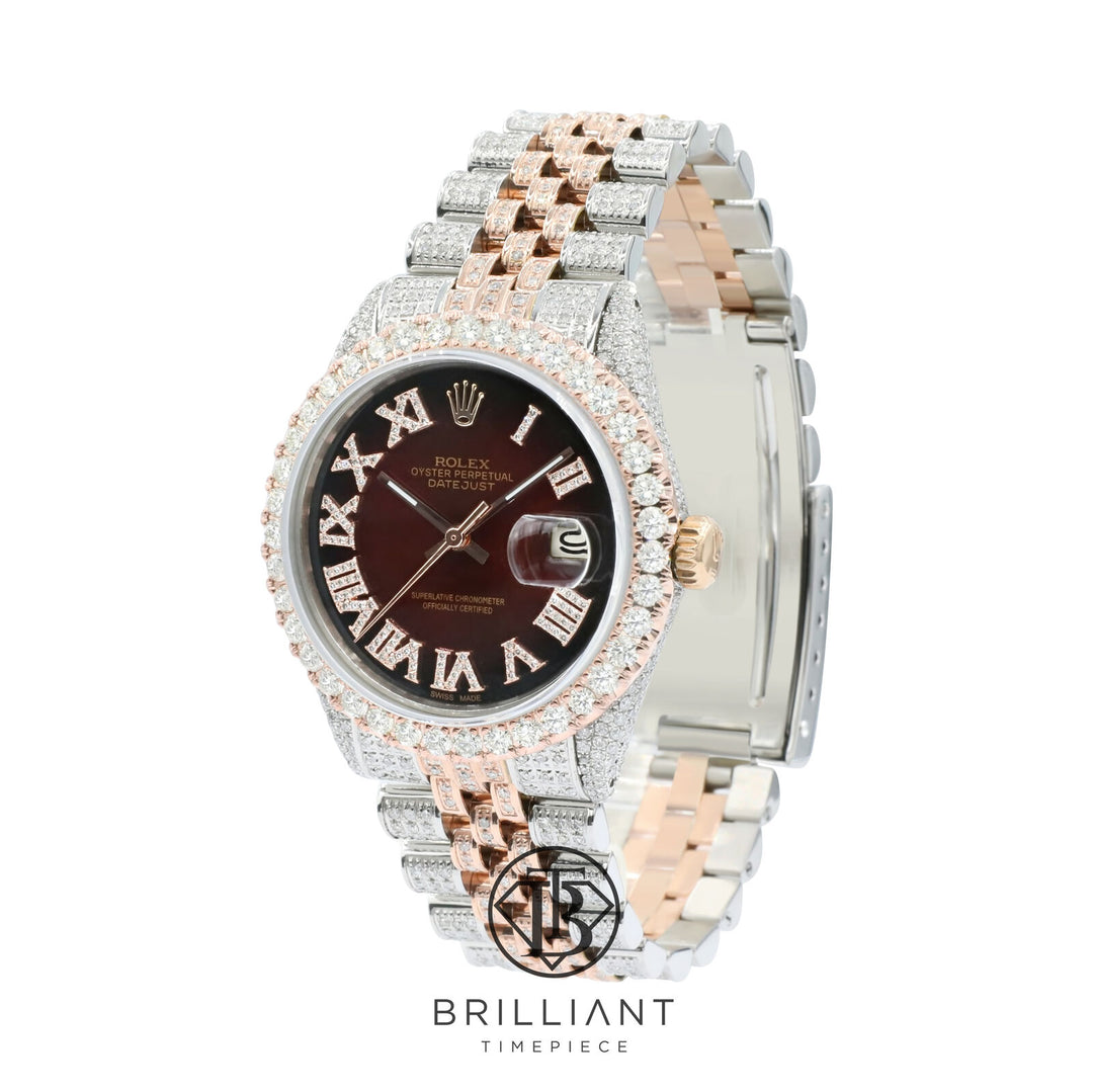 Rolex Datejust 36mm Two Tone Rose Gold/Steel Maroon Diamond Dial 13.00ct