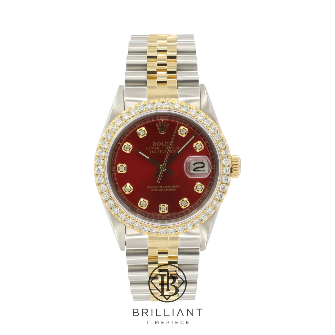 Rolex Datejust 36mm Two Tone Gold/Steel Red Diamond Dial 3.25ct