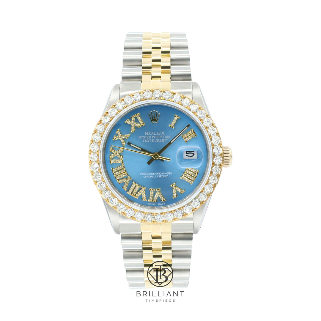 Rolex Datejust 36mm Two Tone Gold/Steel Light Blue Diamond Dial 3.25ct