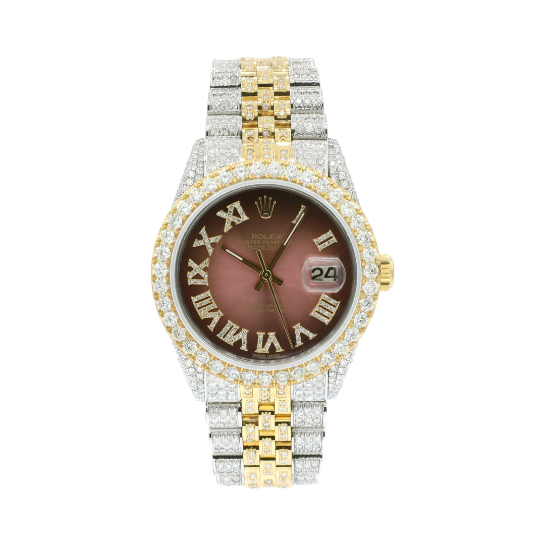 Rolex Datejust 36mm Two Tone Gold/Steel Burgundy Diamond Dial 13.00ct
