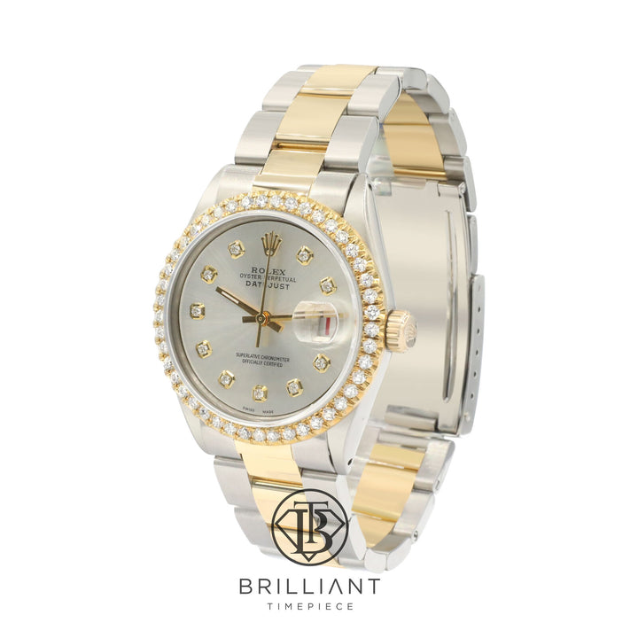 Rolex Datejust 36mm Oyster Two Tone Gold/Steel Silver Diamond Dial 3.25ct