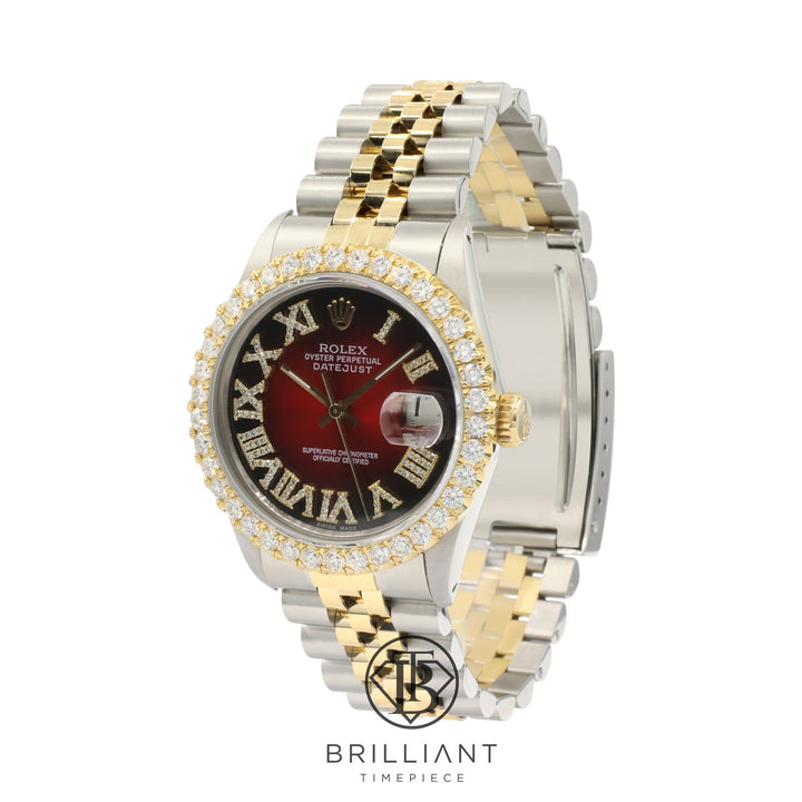 Rolex Datejust 36mm Two Tone Gold/Steel Red Black Diamond Dial 3.25ct