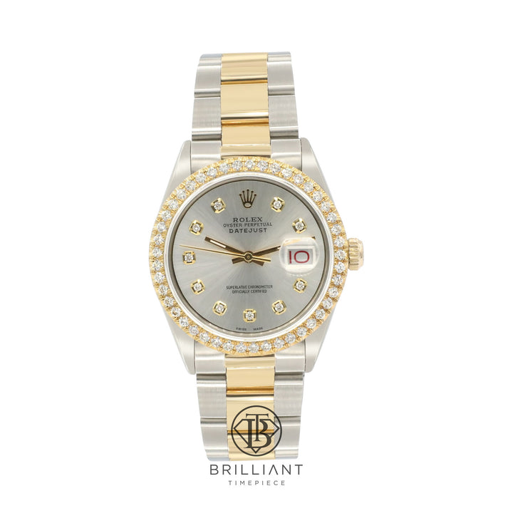 Rolex Datejust 36mm Oyster Two Tone Gold/Steel Silver Diamond Dial 3.25ct